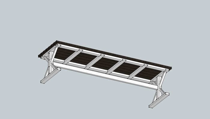 3D-modell av en arbetsbänksdesign med mörkbruna reglar på vita stödstrukturer.