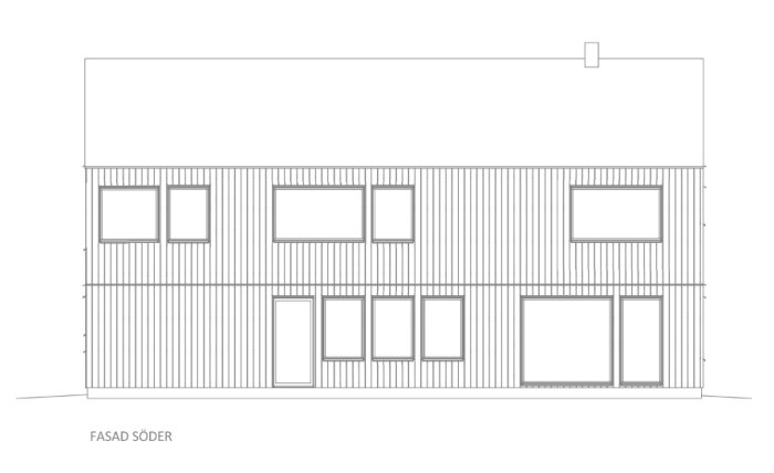 Arkitektonisk ritning av söderfasaden på ett tvåplanshus med flera fönster och vertikala fasadlinjer.