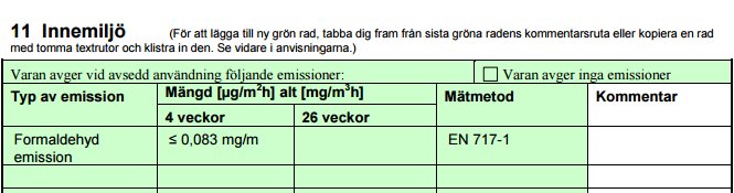 Utdrag ur en byggvarudeklaration som visar formaldehydemissioner för en golvspånskiva, med värden och mätmetoder.