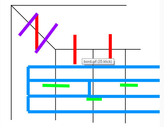 Schematisk illustration av träkonstruktion med markerade pluggpositioner i rött och blått samt gering i lila.