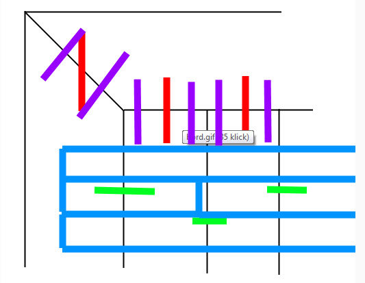 Schematisk ritning som visar placering av träpluggar i ett hörn av en möbel, med olika färger för att förklara konstruktionen.