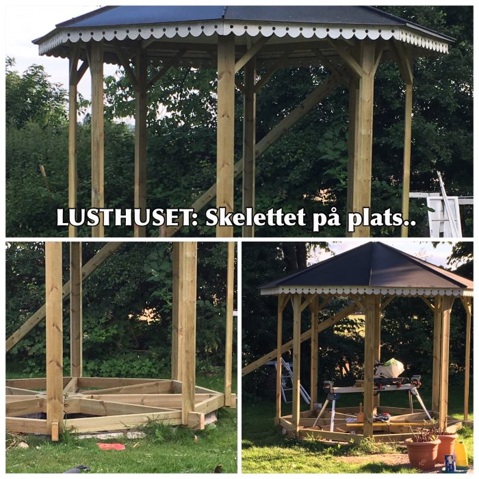 Renoverat lusthus skelett med nya stolpar och "snesträvor" på grunden utomhus.