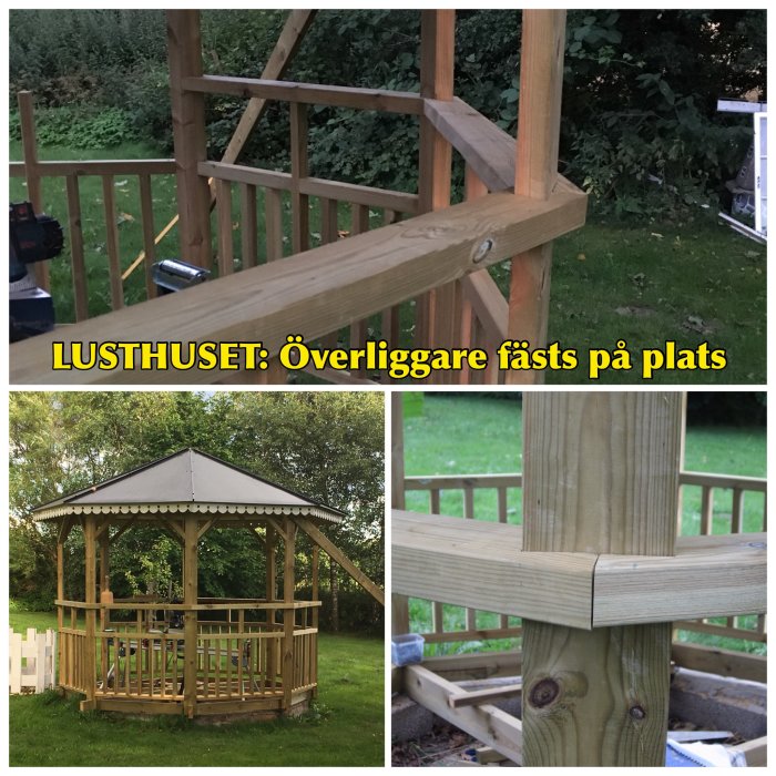 Träkonstruktion av ett räcke under uppbyggnad med överliggare som fästs kring stolpar, samt en bild av ett trälusthus.