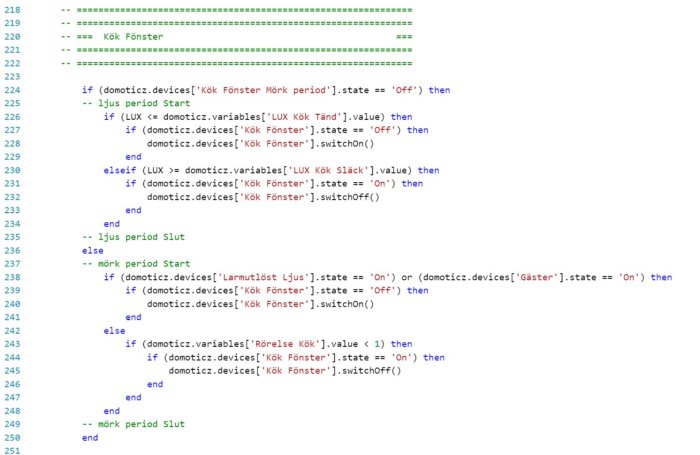 Skärmbild av kod för hemautomatiseringssystem med variabler och skript för ljuskontroller.
