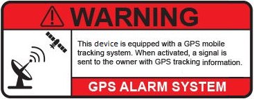 Röd varningsdekal med text och symboler för GPS-larmsystem.