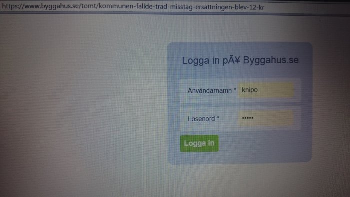 Inloggningsruta på Bygghus.se med användarnamn och lösenordsfält och en Logga in-knapp.