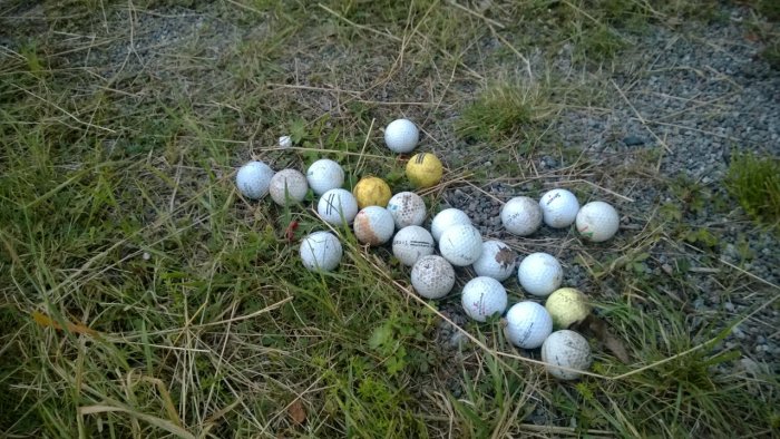 Samling av olika golfbollar på vildvuxen gräs nära en grusväg.