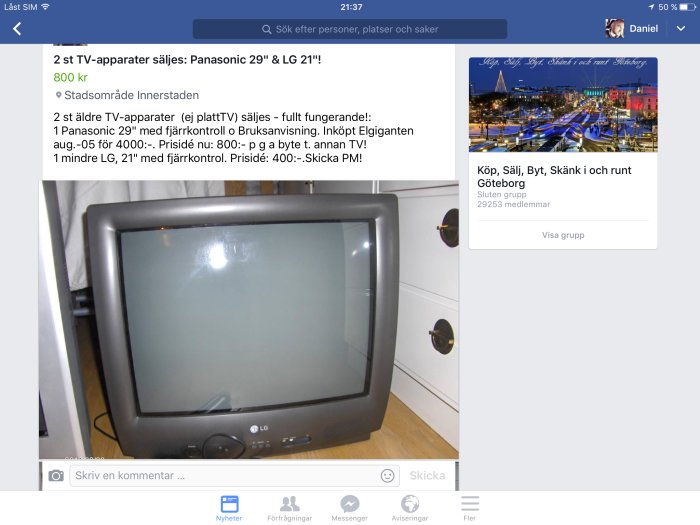 Två äldre modeller av TV-apparater, en Panasonic och en LG, till salu på online marknadsplats.