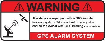 Varningsdekal för GPS-larmsystem med text och symboler som indikerar spårning via GPS.