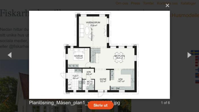 Planlösning för enplanshuset Måsen från Fiskarhedenvillan med markerade rum som vardagsrum, kök och sovrum.