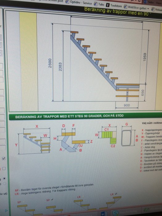 Datorritad planritning av en källartrappa med sväng, dimensioner och beräkningsformler synliga.