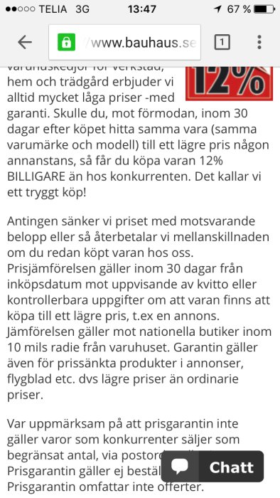 Skärmdump av Bauhaus prisgarantipolicy på deras webbsida, med text om låga priser och 12% rabatt.