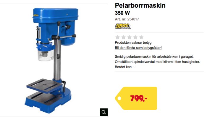 Blå pelarborrmaskin av märket på produktbild med pris och artikelnummer, beskrivning i foruminlägg.