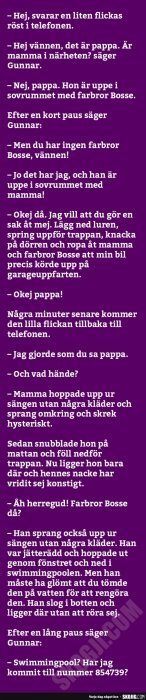 En skärmavbild av en textdialog med lila bakgrund där en far och dotter samtalar via telefon på ett komiskt sätt.