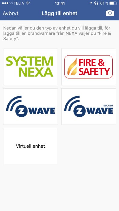 Skärm med val av enhetstyper, bland annat "SYSTEM NEXA" och "FIRE & SAFETY", för hemautomationssystem.