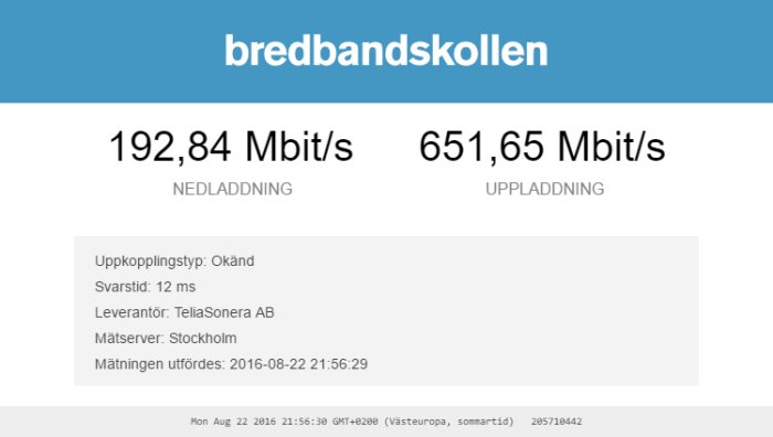 Bredbandskollens resultat visar 192,84 Mbit/s nedladdning och 651,65 Mbit/s uppladdning från Telia.