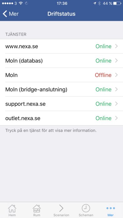 Skärmbild av driftstatus som visar flera tjänster online och tjänsten 'Moln' offline.