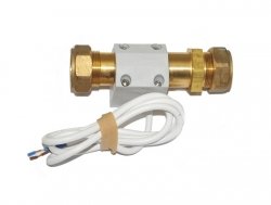 Honeywell flödesvakt i mässing med elektrisk kabel och klämringsmuttar.