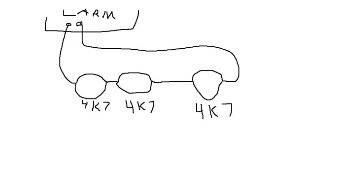 Enkel skiss av ett säkerhetssystem med markerade magnetbrytare och 4K7 motstånd kopplade i en serie.