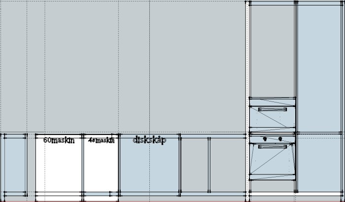 Ritning av kökslayout med markerade skåp, diskmaskin och överskåp, i ett minimalistiskt stil.