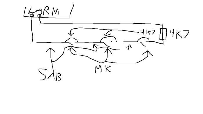 Handritad schematisk illustration av kopplingsschema för larm med magnetkontakter och 4K7 motstånd.