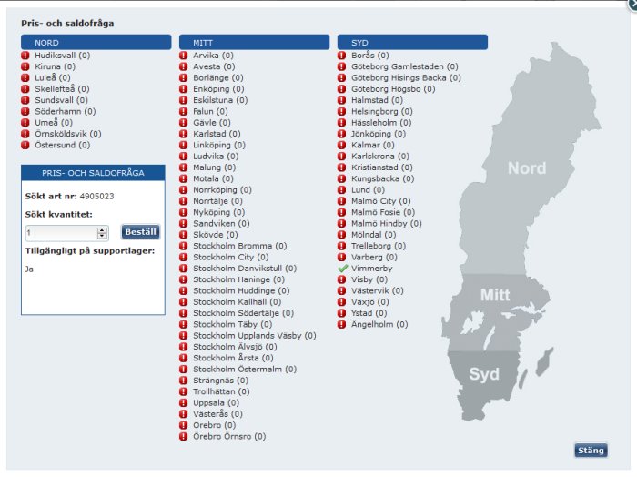 Skärmbild av en digital pris- och saldo förfrågningssida för olika regioner i Sverige utan lagerstatus i de flesta städerna.