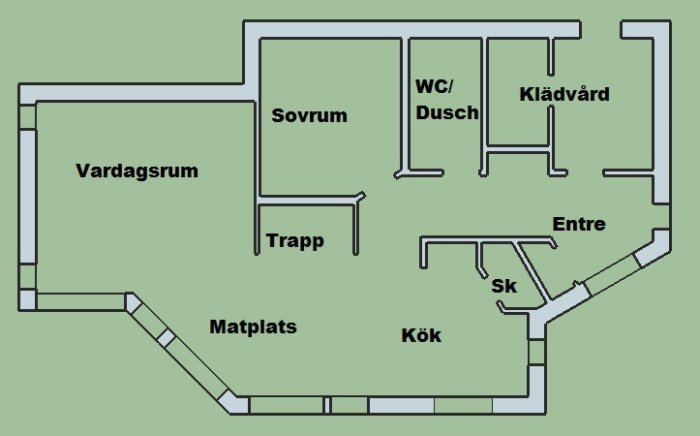 Planritning av ett hus med rumsetiketter som kök, matplats, vardagsrum, sovrum, WC/dusch, klädvård och entre.