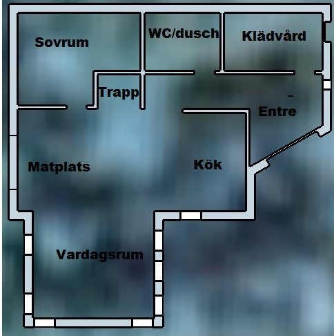 Ritning av en husplanlösning med markerade rum såsom sovrum, kök, vardagsrum och WC/dusch.