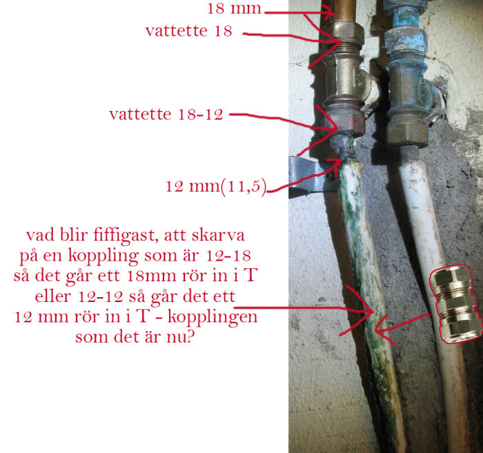 Vattenrör med T-koppling och fästmuttrar märkta Vattette 18 och 18-12 samt måttmarkeringar för 18mm och 12mm.