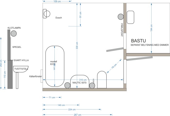 Ritning av källarbadrum med mått för badkar, dusch, bastu, tvättställ och planerad belysning.