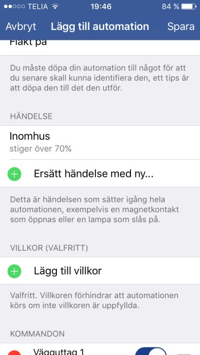 Skärmdump av en smartphone som visar meny för att lägga till automation i ett smart hem-system.