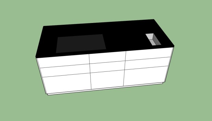 3D-modell av en vit köksö med svart bänkskiva, integrerad spishäll till vänster och liten diskho till höger.