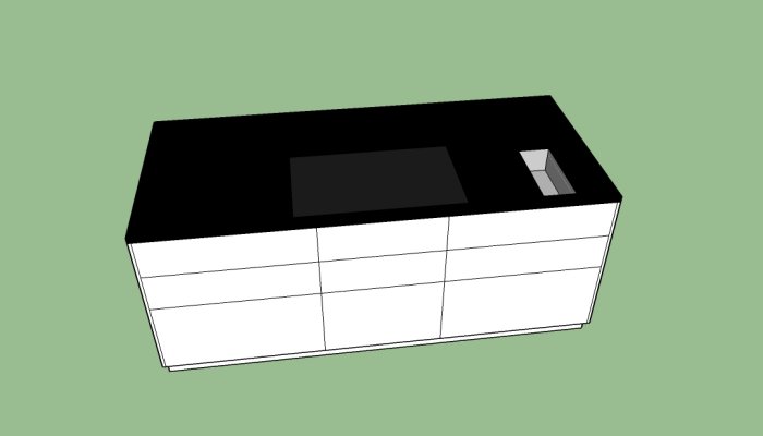 3D-modell av en köksö med svart bänkskiva, inbyggd spishäll till vänster och liten avhällningsho till höger.