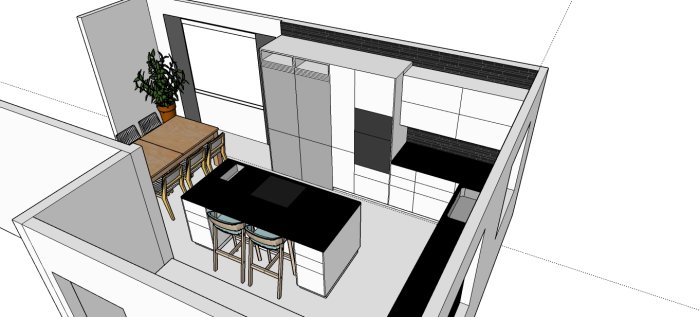 3D-modell av ett kök med köksö, barstolar och skåp, planerat för renovering.