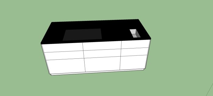 3D-modell av köksö med inbyggd häll i mitten och diskho till höger på svart bänkskiva.