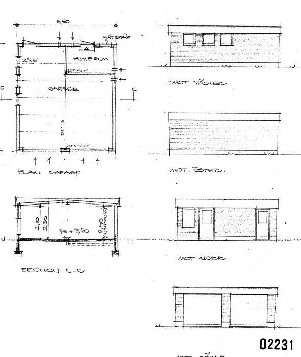 Teknisk ritning av en dubbelgarage med planvy, sektion och fasadvyer från olika håll.
