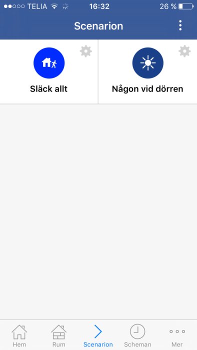 Skärmdump av en smart hem-app med två scenarion 'Släck allt' och 'Någon vid dörren'.