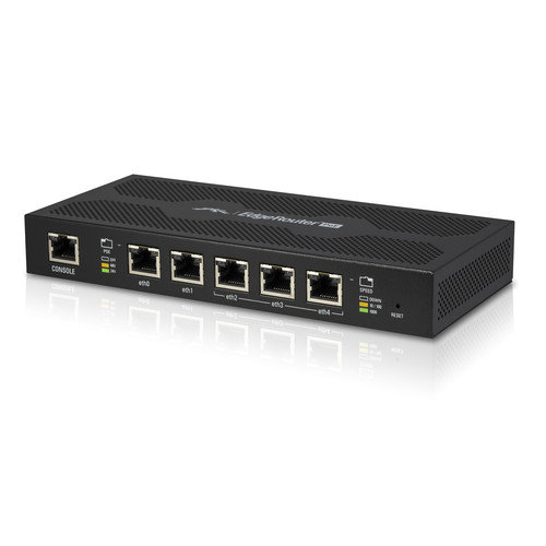 Ubiquiti Edgerouter med 5 portar mot vit bakgrund, diskussion om uppgradering från Netgear R7000.