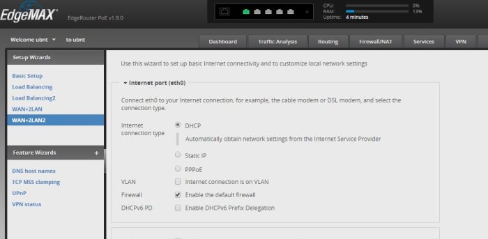 Skärmdump av EdgeRouter PoE v1.9.0 gränssnitt med Setup Wizards och WAN+2LAN2 vald.