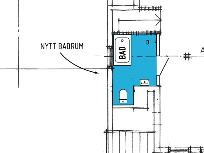 Arkitektritning av planerat badrum med markerade installationer för toalett, handfat och duschkabin.