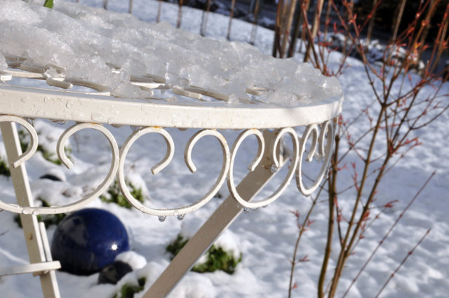 Metallbord med smältande snö framför vinterskadade växter och snötäckt mark.