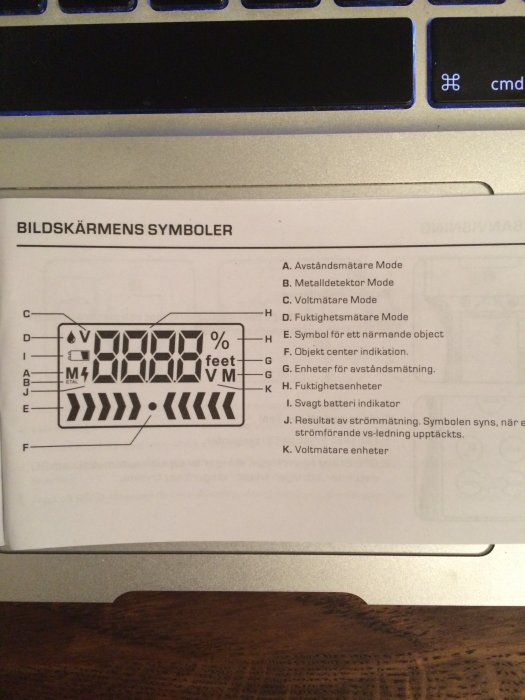 Manual för en 5 i 1 Multi Detector visande bildskärmens symboler och deras betydelse, framför en laptop.