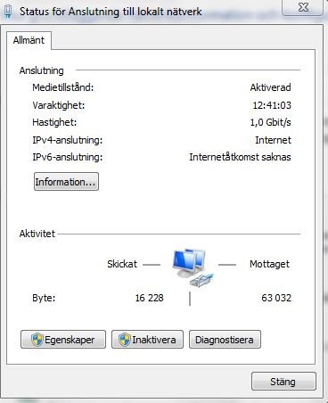 Skärmdump av nätverksstatus på en dator som visar avsaknad av IPv6-internetanslutning och aktivitetsdata.