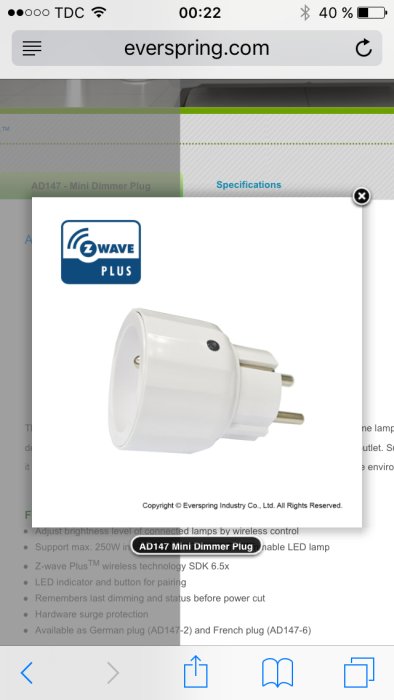 Skärmklipp av Everspring AD147 Mini Dimmer Plug på en produktsida med specifikationer.