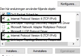 Windows 10 nätverksinställningar med IPv4 och IPv6 alternativ markerade.