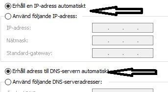 Skärmklipp som visar nätverksinställningar med "Erhåll en IP-adress automatiskt" och "Erhåll adress till DNS-servern automatiskt" markerade.