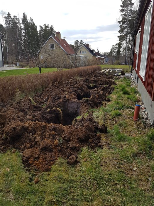 Nygrävd lång och djup grävning längs husets sida på en gräsmatta med villor i bakgrunden.