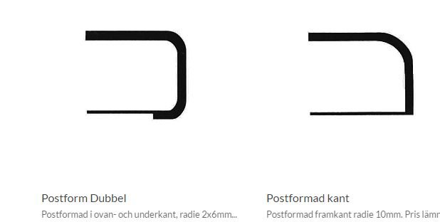 Två typer av bänkskivekanter, postformad dubbel och postformad enkel, visas i stiliserade diagram.