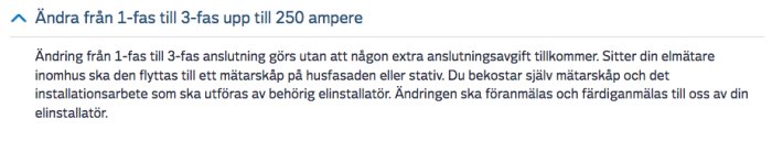 Skärmdump av diskussionsforum med text om att ändra från 1-fas till 3-fas elanslutning upp till 250 ampere.