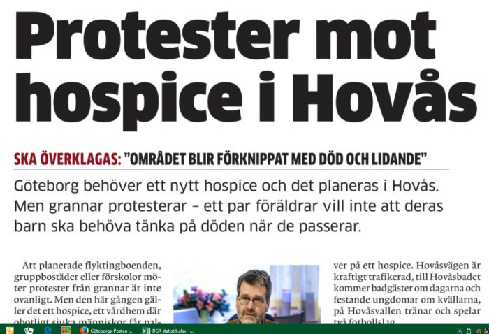 Tidningsutklipp med rubriken "Protester mot hospice i Hovås", beskriver lokala invånares överklagan av byggprojekt i GöteborgsPosten.